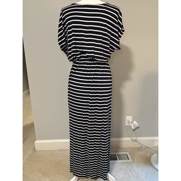 GREEN ENVELOPE Navy Blue White Striped Short Sleeve Cinched Waist Maxi Dress Med - Picture 5 of 9